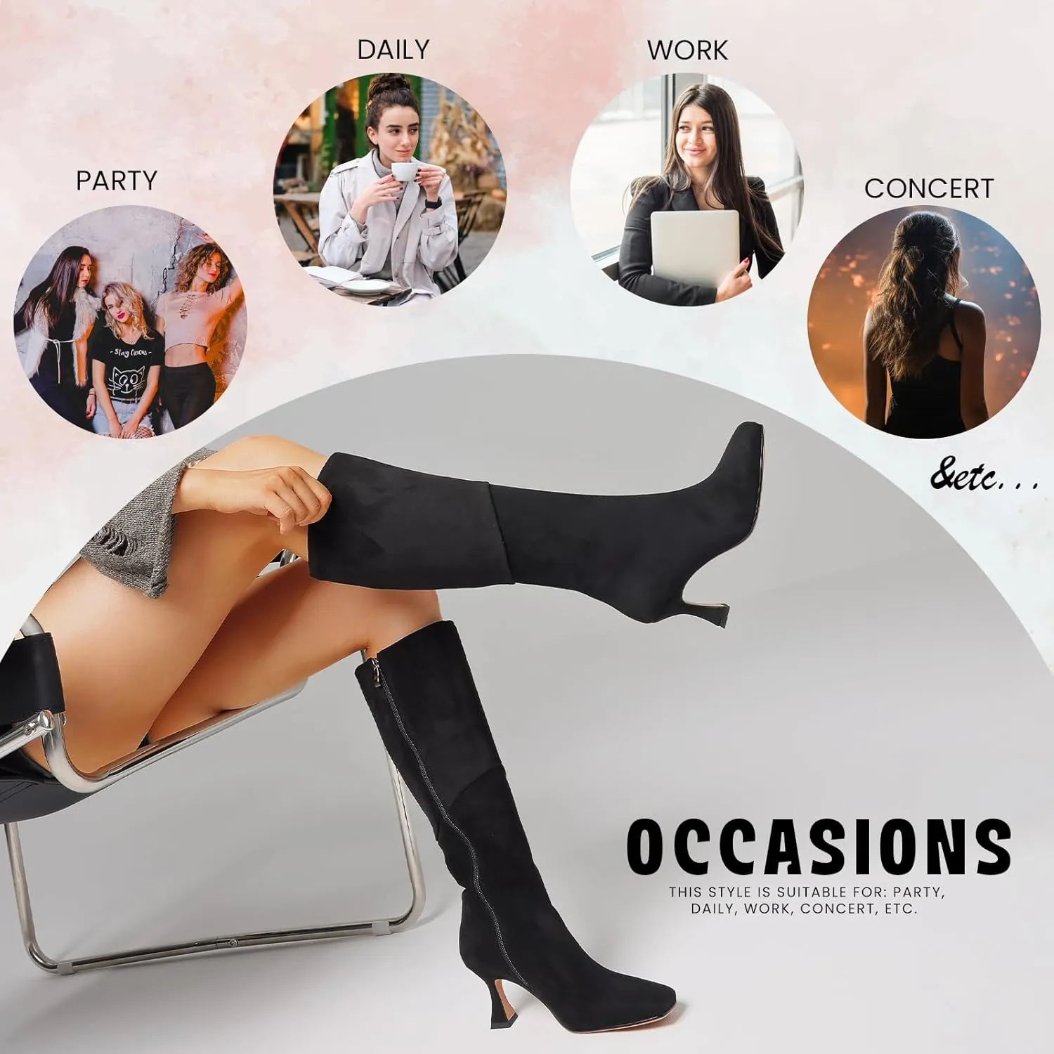 CYNLLIO Knee High Boots Women Square Toe Kitten High Heel Tall Boots Fashion Side Zipper Stiletto Heel Long Boots