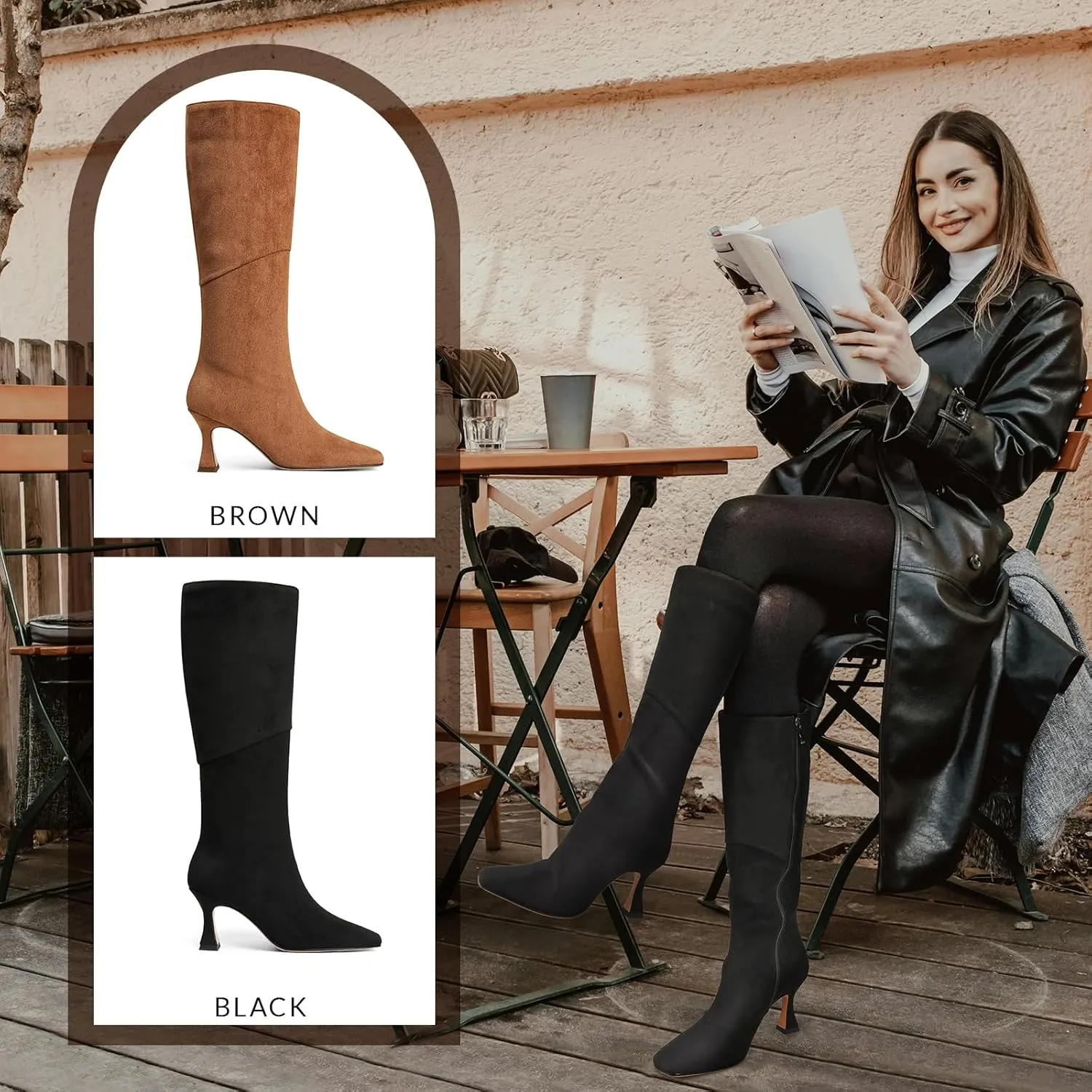 CYNLLIO Knee High Boots Women Square Toe Kitten High Heel Tall Boots Fashion Side Zipper Stiletto Heel Long Boots