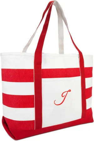 DALIX Beach Tote Bag Shoulder Bags Striped Monogrammed Red Ballent Letter A - Z