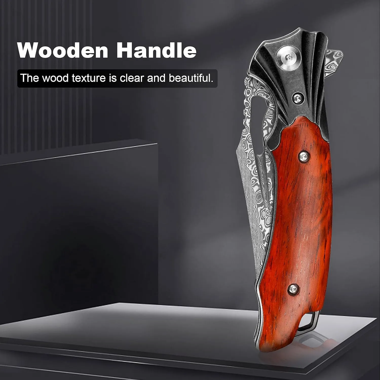 Damascus Pocket Knife for Men Women, Wood Handle Folding Knife with Sheath, 3.15" Damascus Steel Blade Pocket Knives for Outdoor