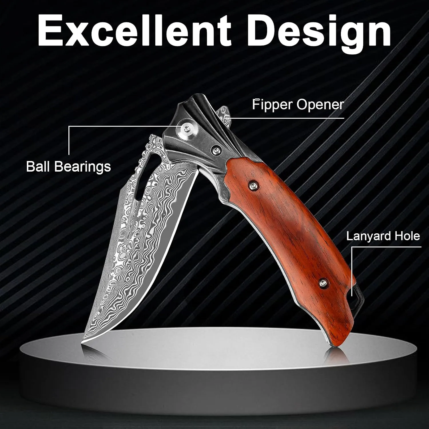 Damascus Pocket Knife for Men Women, Wood Handle Folding Knife with Sheath, 3.15" Damascus Steel Blade Pocket Knives for Outdoor