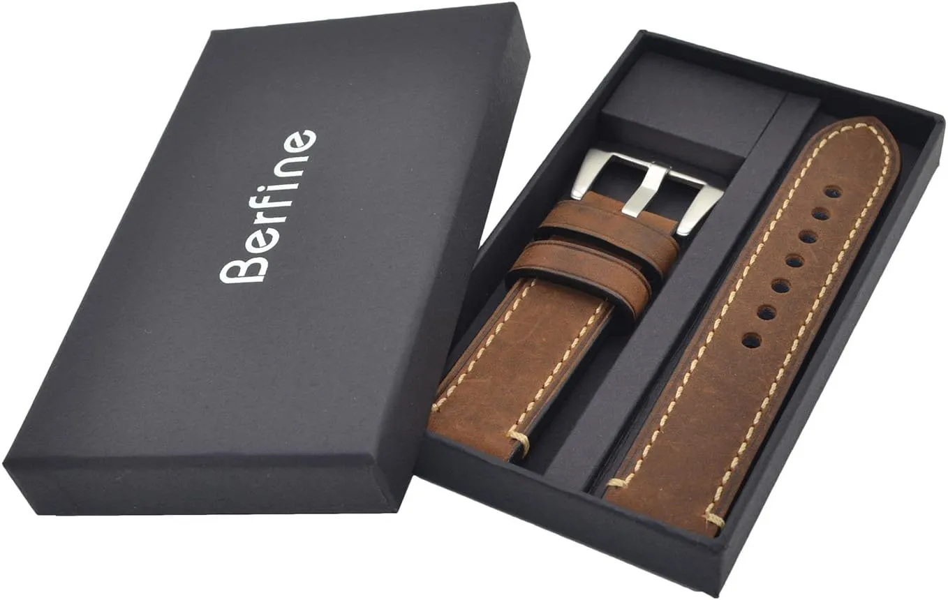 Dark Brown 24mm Genuine Leather Wristwatch Watch Band Oil Tan Vintage Strap for Men with Stainless Buckle