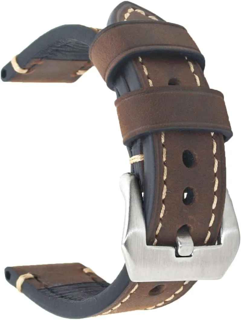 Dark Brown 24mm Genuine Leather Wristwatch Watch Band Oil Tan Vintage Strap for Men with Stainless Buckle