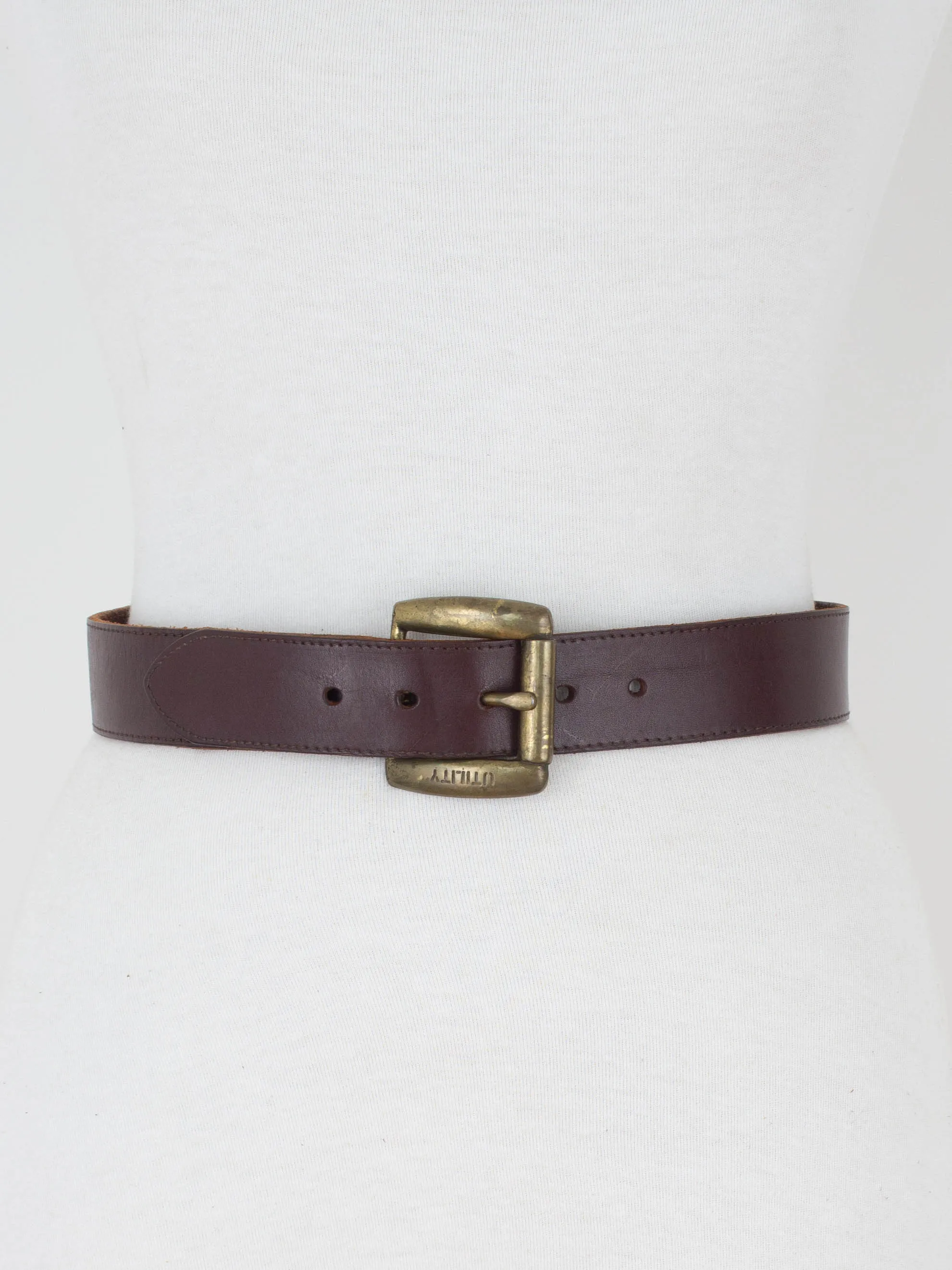 Dark Brown Leather Belt with Brass Buckle - Size 26"-30" / M