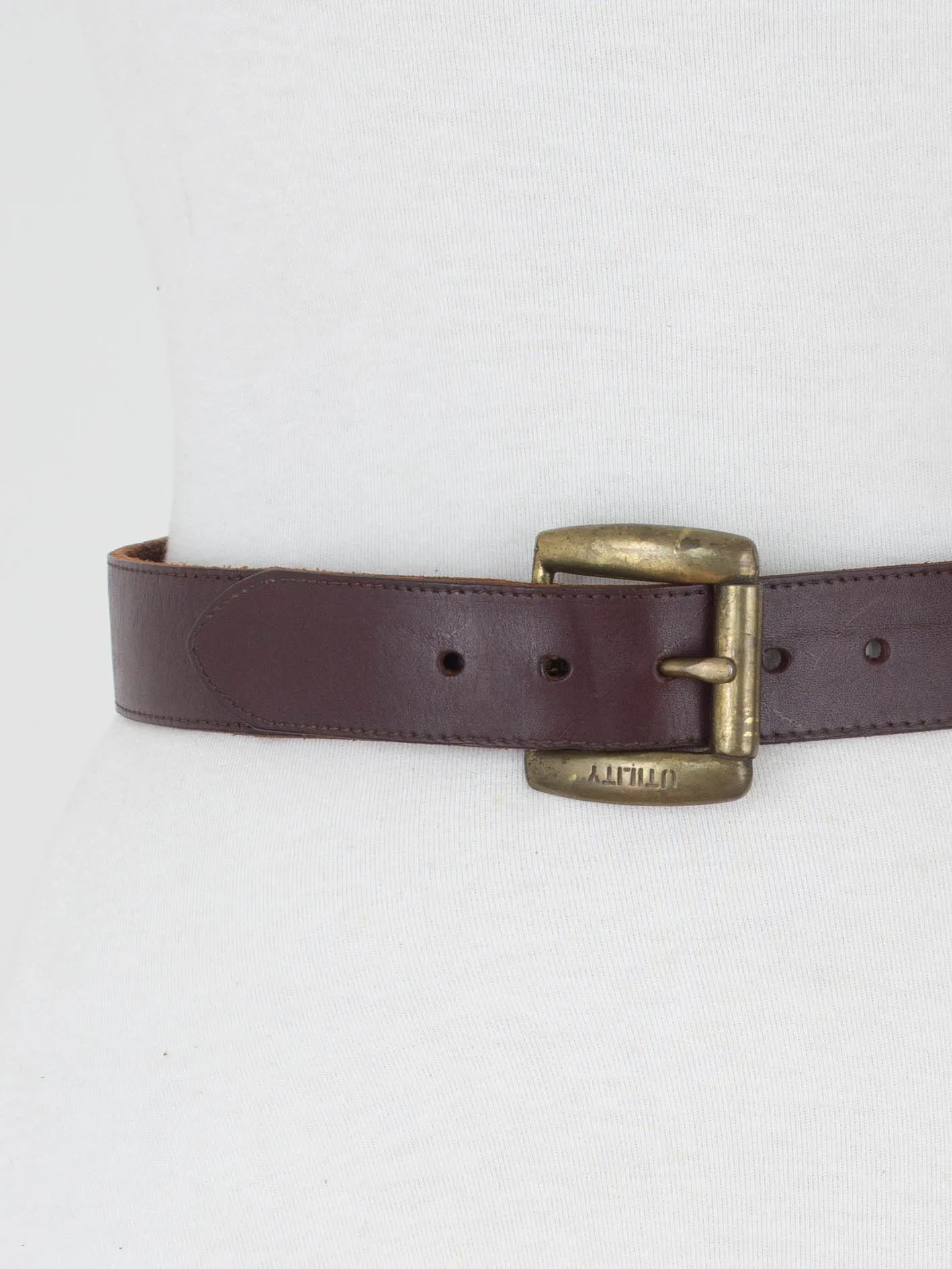 Dark Brown Leather Belt with Brass Buckle - Size 26"-30" / M