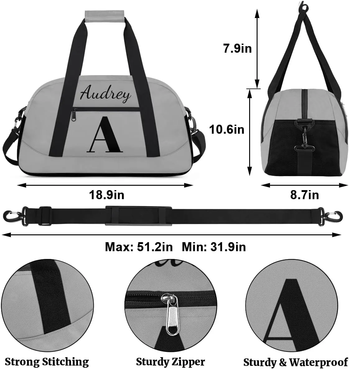 Dark Gray Custom Gym Bag for Women Men, Personalized Initial Travel Duffel Bag with Name, Small Sports Gym Bag Weekender Carry On Overnight Bags