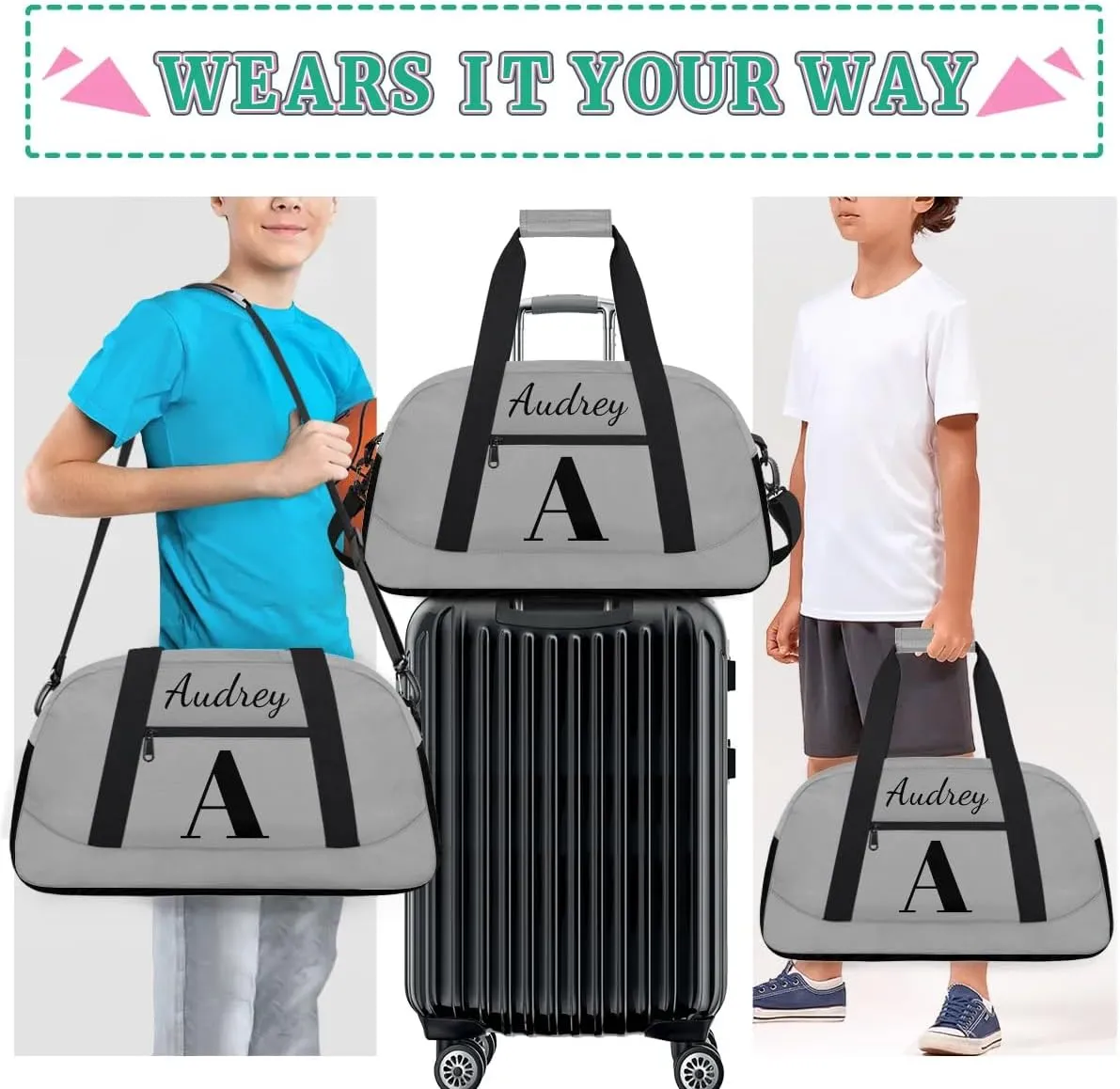 Dark Gray Custom Gym Bag for Women Men, Personalized Initial Travel Duffel Bag with Name, Small Sports Gym Bag Weekender Carry On Overnight Bags