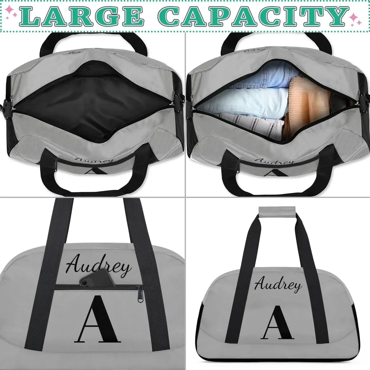 Dark Gray Custom Gym Bag for Women Men, Personalized Initial Travel Duffel Bag with Name, Small Sports Gym Bag Weekender Carry On Overnight Bags