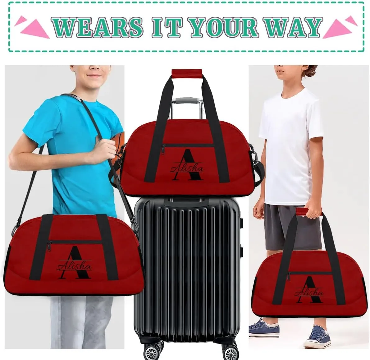 Dark Red Personalized Duffel Bag, Custom Travel Bag with Name, Initial Weekender Overnight Bag Monogram Sport Gym Bags for Women Men