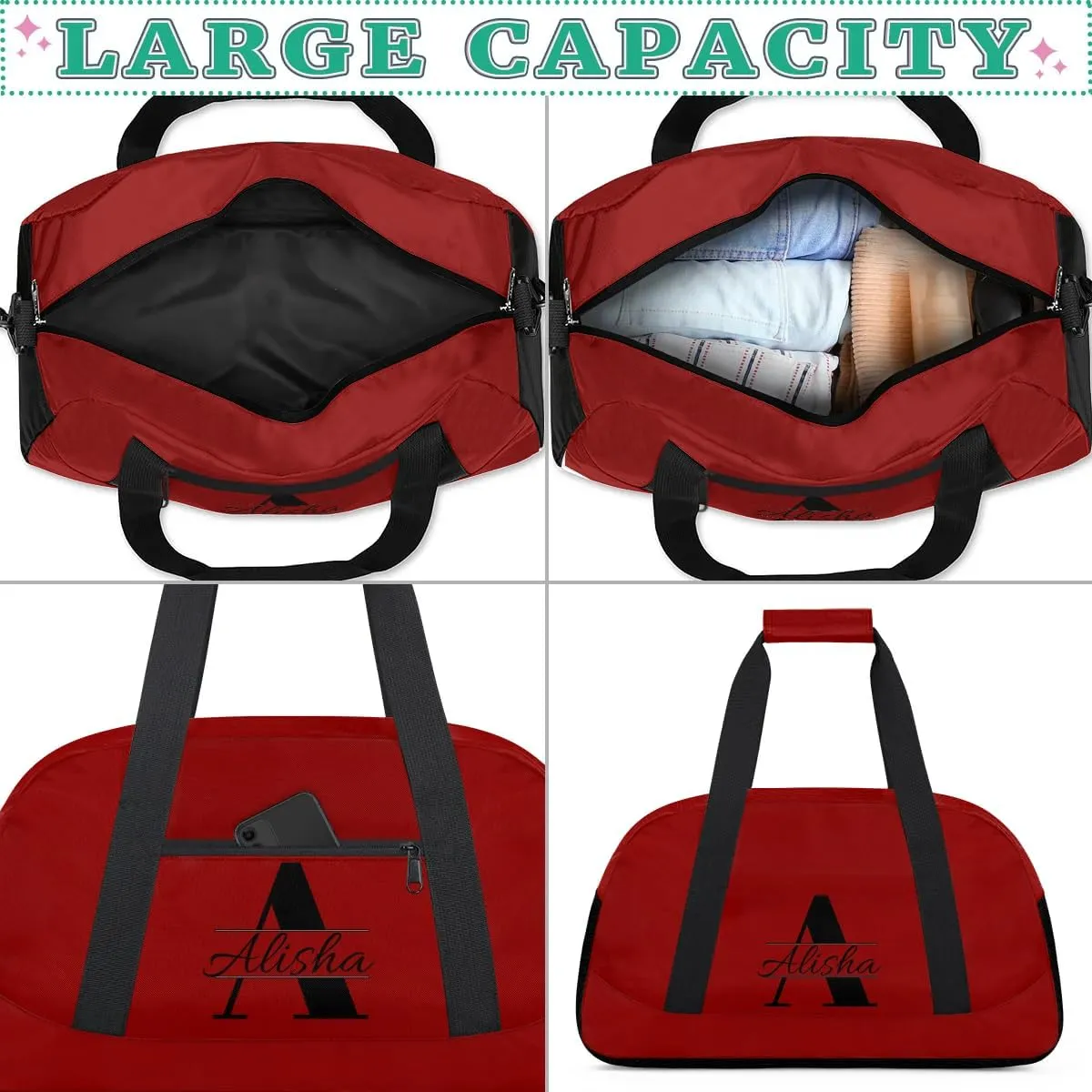 Dark Red Personalized Duffel Bag, Custom Travel Bag with Name, Initial Weekender Overnight Bag Monogram Sport Gym Bags for Women Men