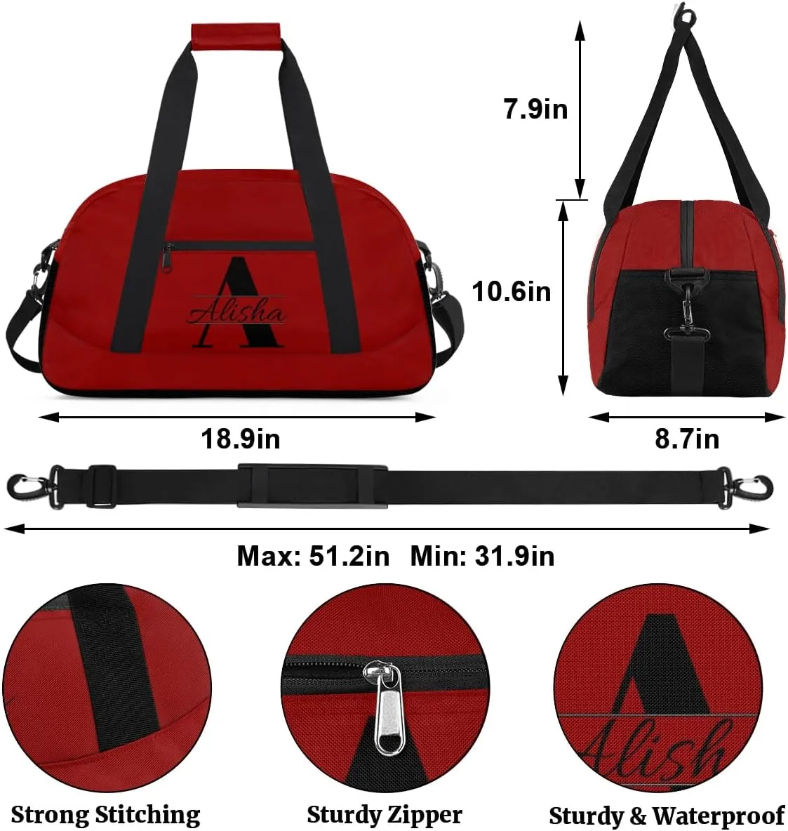 Dark Red Personalized Duffel Bag, Custom Travel Bag with Name, Initial Weekender Overnight Bag Monogram Sport Gym Bags for Women Men
