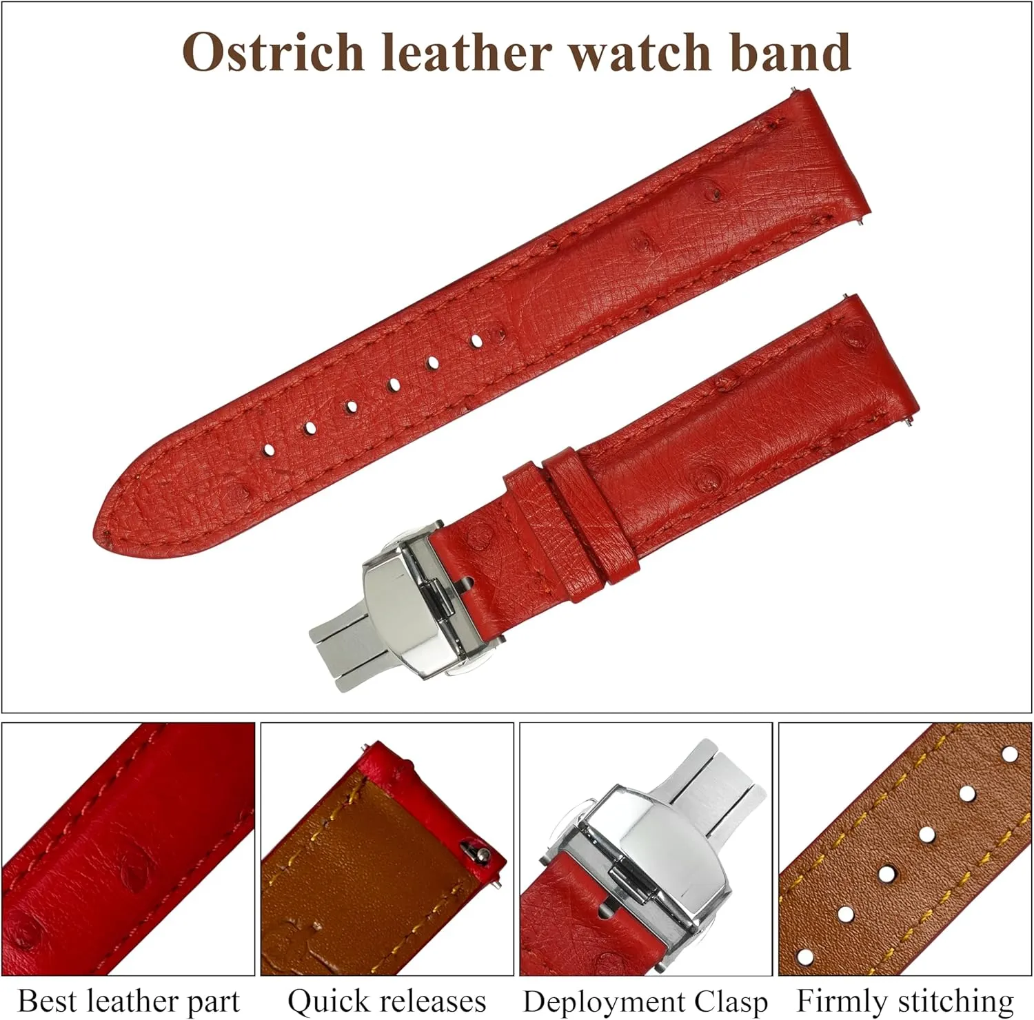 Deployment Clasp Leather Watch Band Men Ostrich Lizard Watch Strap Quick Release Vintage Wristwatch Band Handmade Butterfly Buckle Gift For Him 18mm 19mm 20mm 21mm 22mm