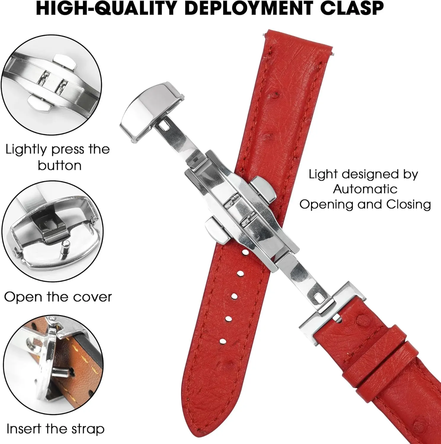 Deployment Clasp Leather Watch Band Men Ostrich Lizard Watch Strap Quick Release Vintage Wristwatch Band Handmade Butterfly Buckle Gift For Him 18mm 19mm 20mm 21mm 22mm