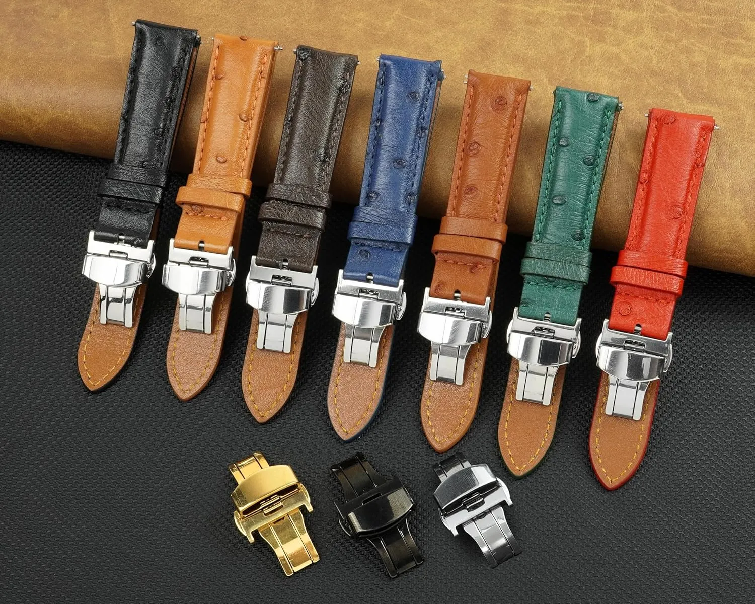 Deployment Clasp Leather Watch Band Men Ostrich Lizard Watch Strap Quick Release Vintage Wristwatch Band Handmade Butterfly Buckle Gift For Him 18mm 19mm 20mm 21mm 22mm