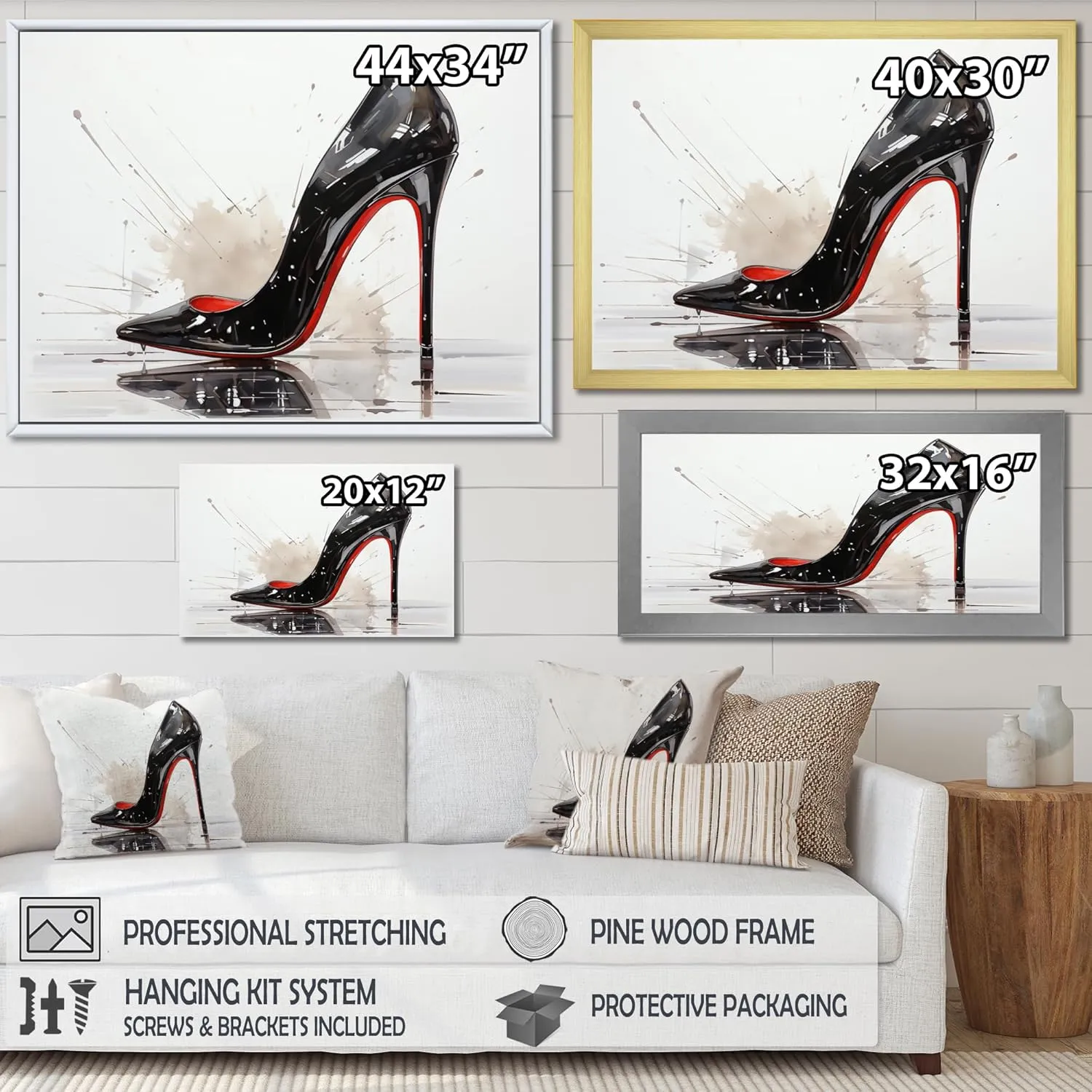 DesignQ fashion Wall art decor, Fashion Wall Art, Stylish High Heels Sleek Silhouette I, Black Glam Canvas wall art, 32x24 inches