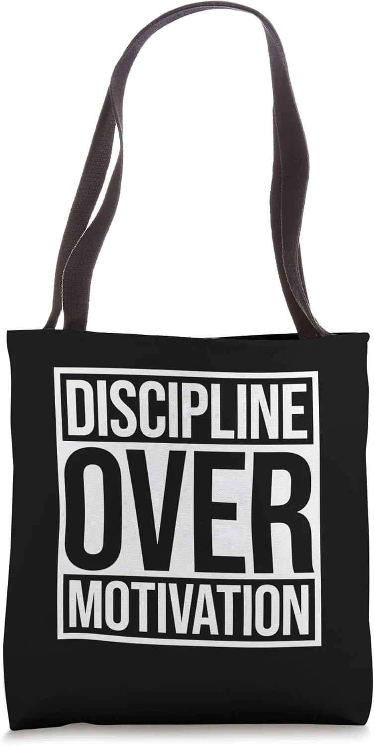 Discipline Over Motivation Bodybuilding Muscle Building Logo Tote Bag