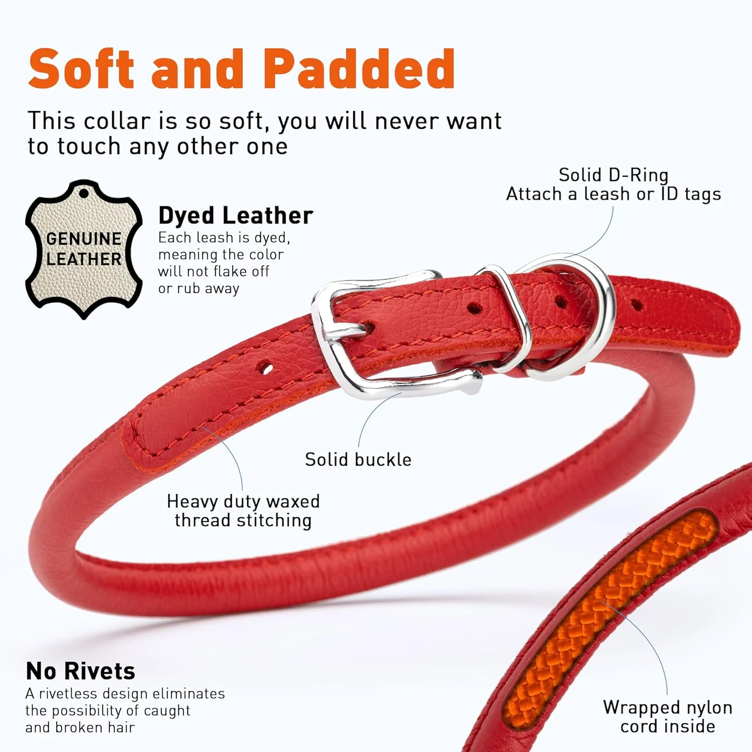 Dogline Soft and Padded Rolled Round Leather Collar for Dogs W3/8" - L16"-19", Red