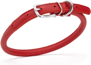 Dogline Soft and Padded Rolled Round Leather Collar for Dogs W3/8" - L16"-19", Red