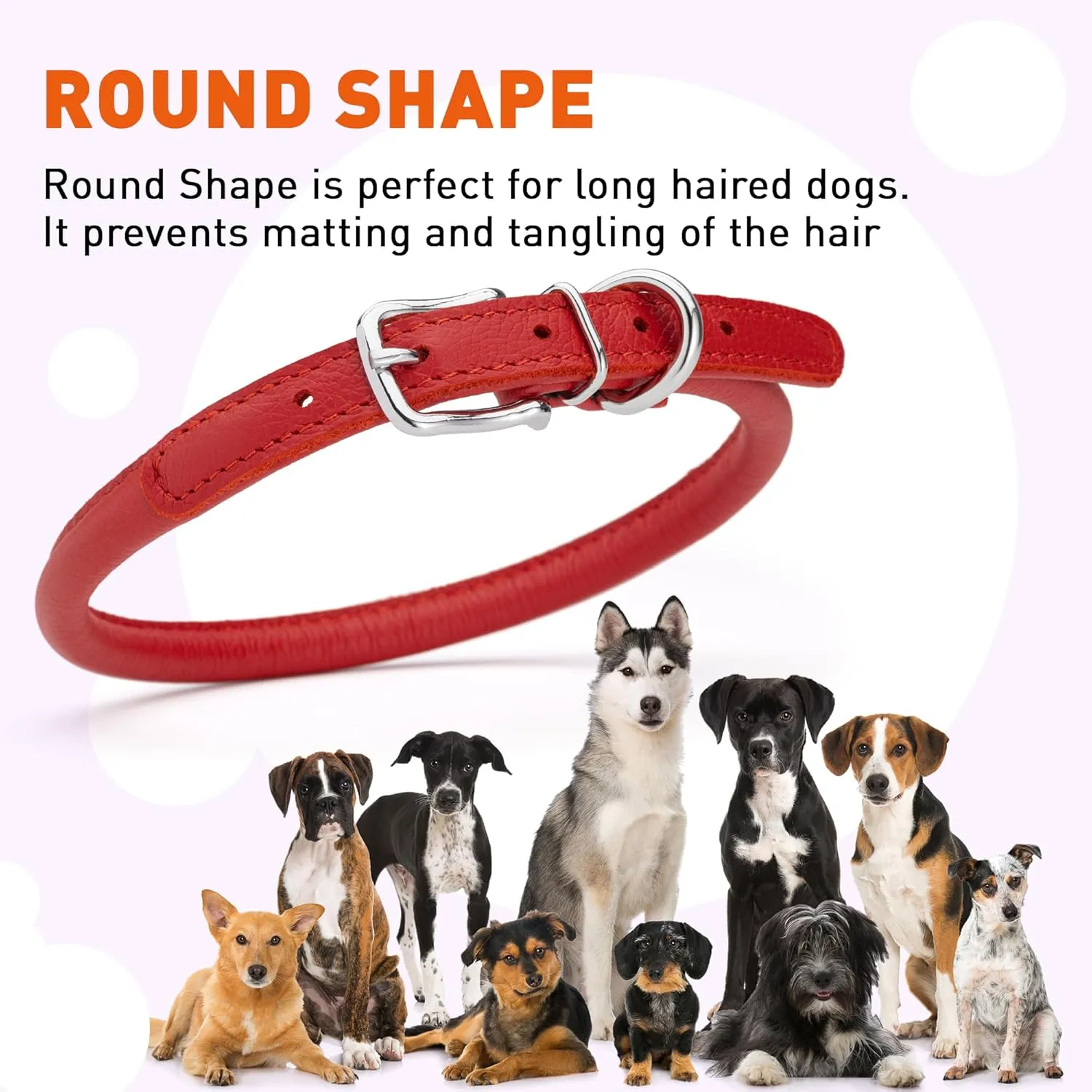 Dogline Soft and Padded Rolled Round Leather Collar for Dogs W3/8" - L16"-19", Red