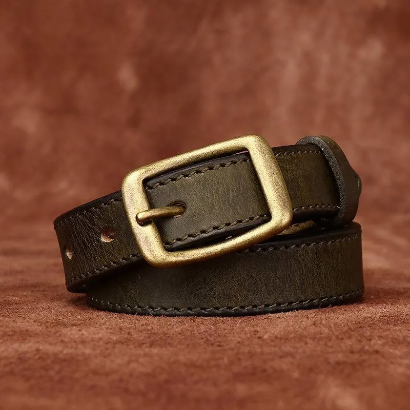 Double Stitches Vintage Woemn's Belt with Solid Brass Buckle-0.9"
