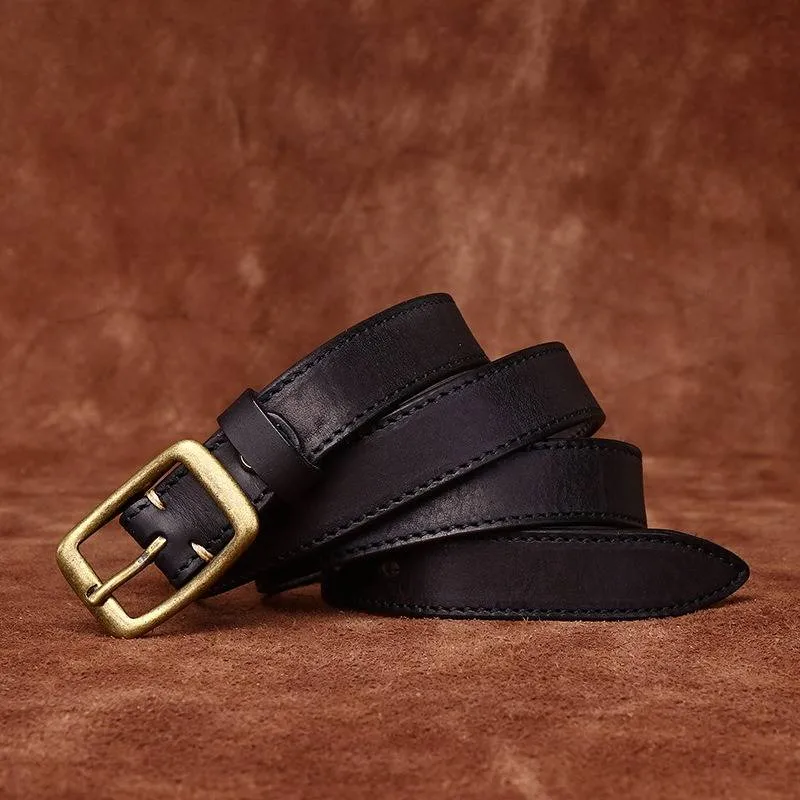 Double Stitches Vintage Woemn's Belt with Solid Brass Buckle-0.9"