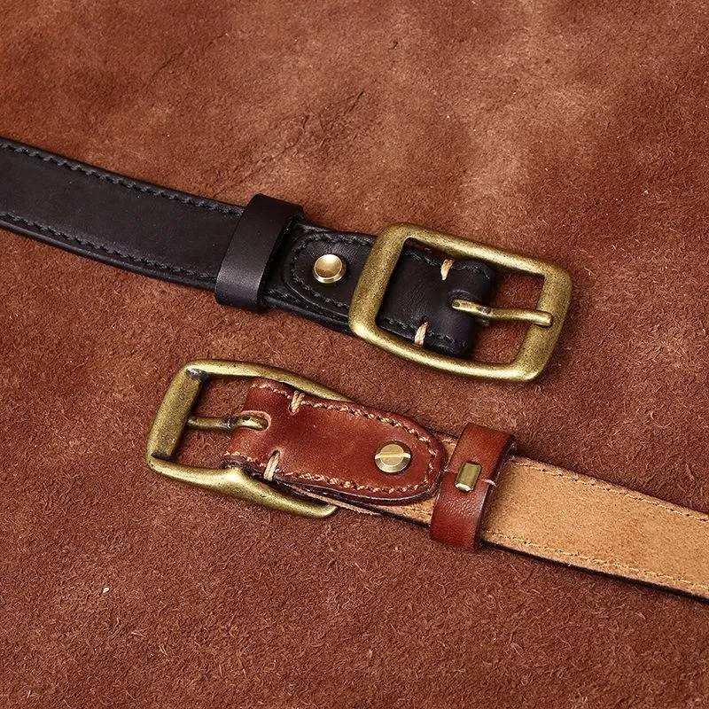Double Stitches Vintage Woemn's Belt with Solid Brass Buckle-0.9"