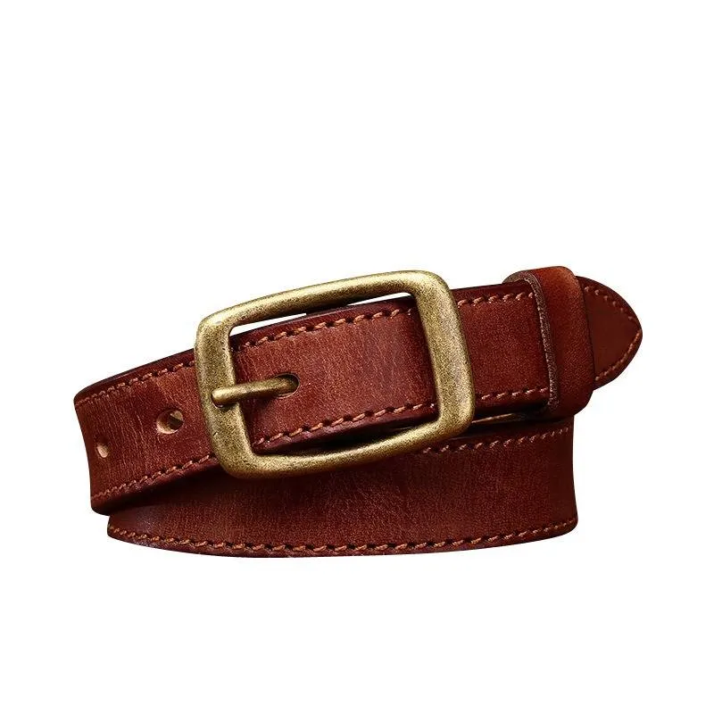 Double Stitches Vintage Woemn's Belt with Solid Brass Buckle-0.9"