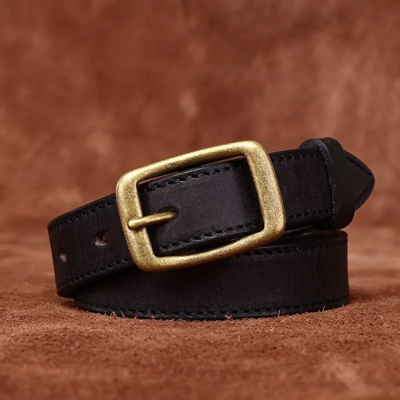 Double Stitches Vintage Woemn's Belt with Solid Brass Buckle-0.9"
