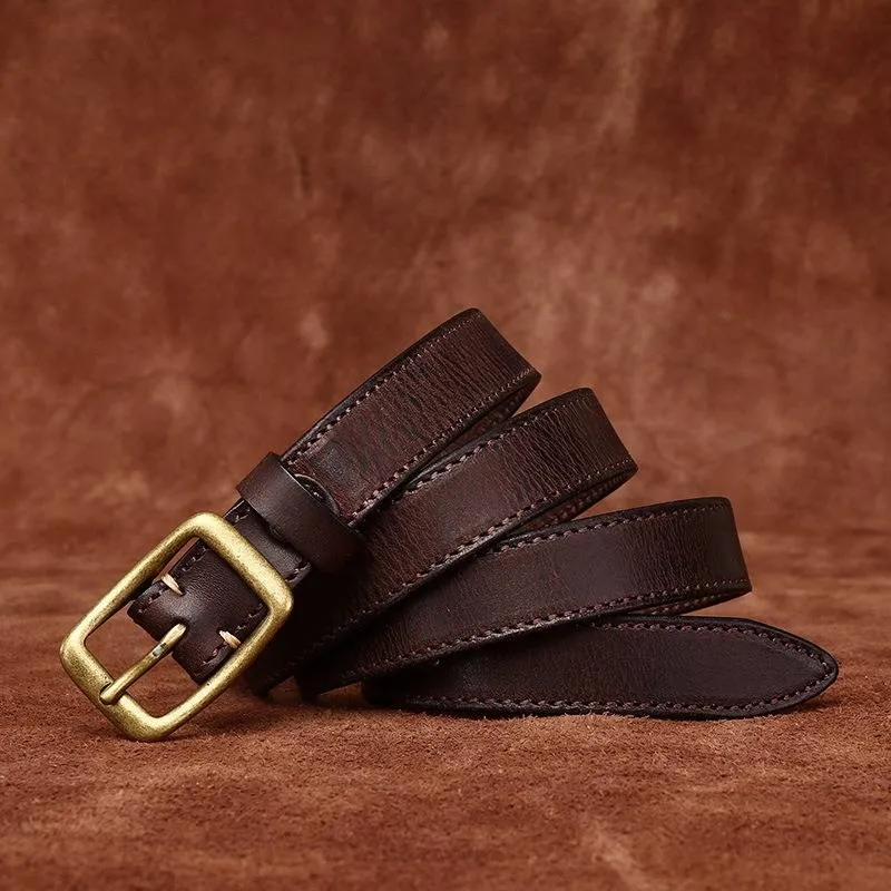 Double Stitches Vintage Woemn's Belt with Solid Brass Buckle-0.9"