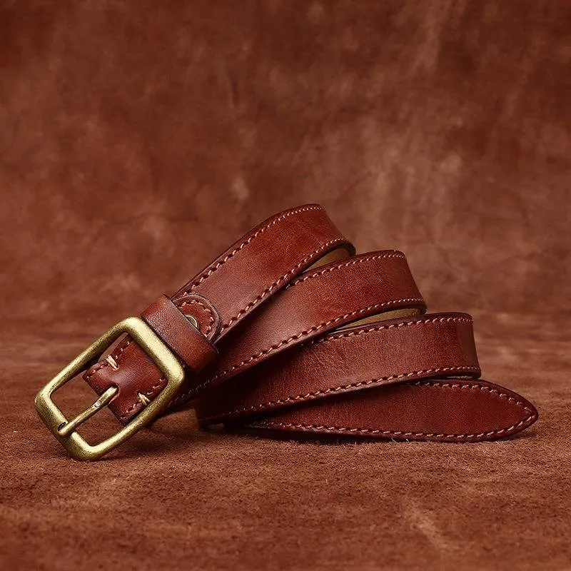 Double Stitches Vintage Woemn's Belt with Solid Brass Buckle-0.9"