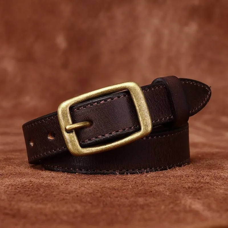 Double Stitches Vintage Woemn's Belt with Solid Brass Buckle-0.9"