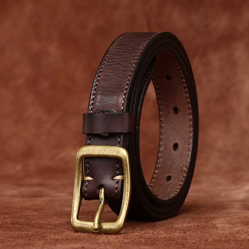 Double Stitches Vintage Woemn's Belt with Solid Brass Buckle-0.9"