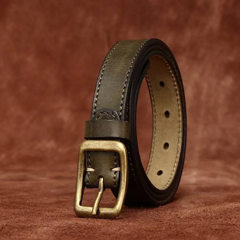 Double Stitches Vintage Woemn's Belt with Solid Brass Buckle-0.9"