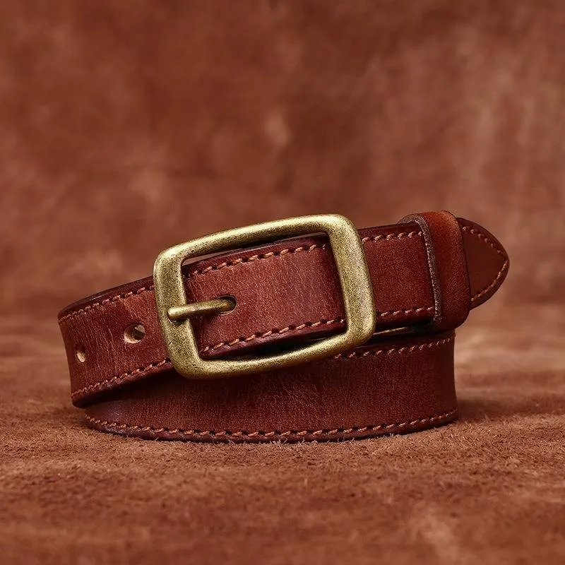 Double Stitches Vintage Woemn's Belt with Solid Brass Buckle-0.9"