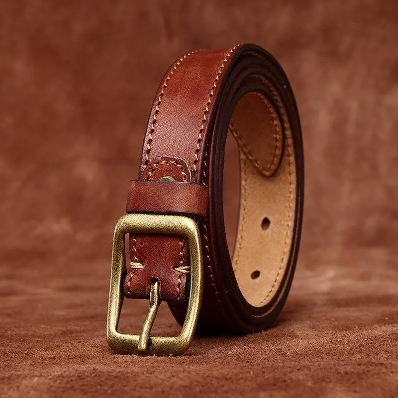 Double Stitches Vintage Woemn's Belt with Solid Brass Buckle-0.9"