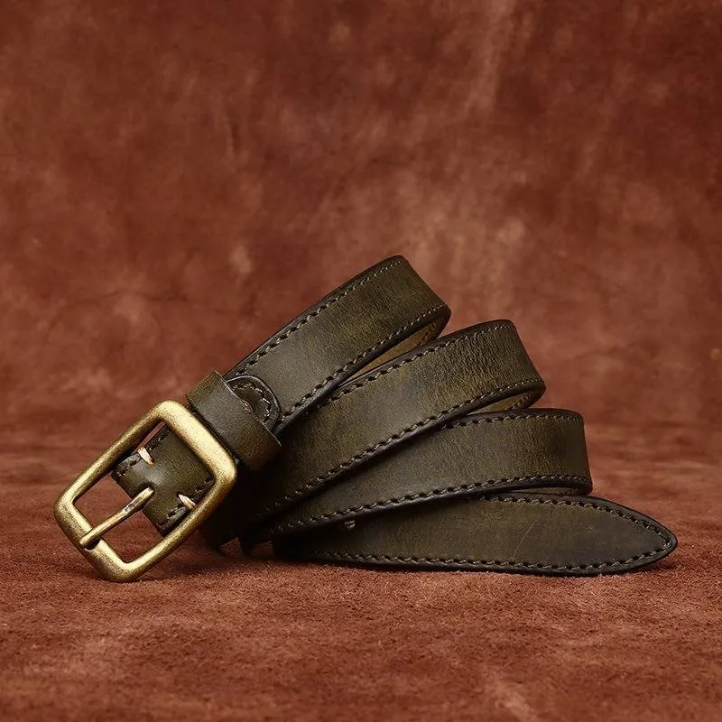Double Stitches Vintage Woemn's Belt with Solid Brass Buckle-0.9"