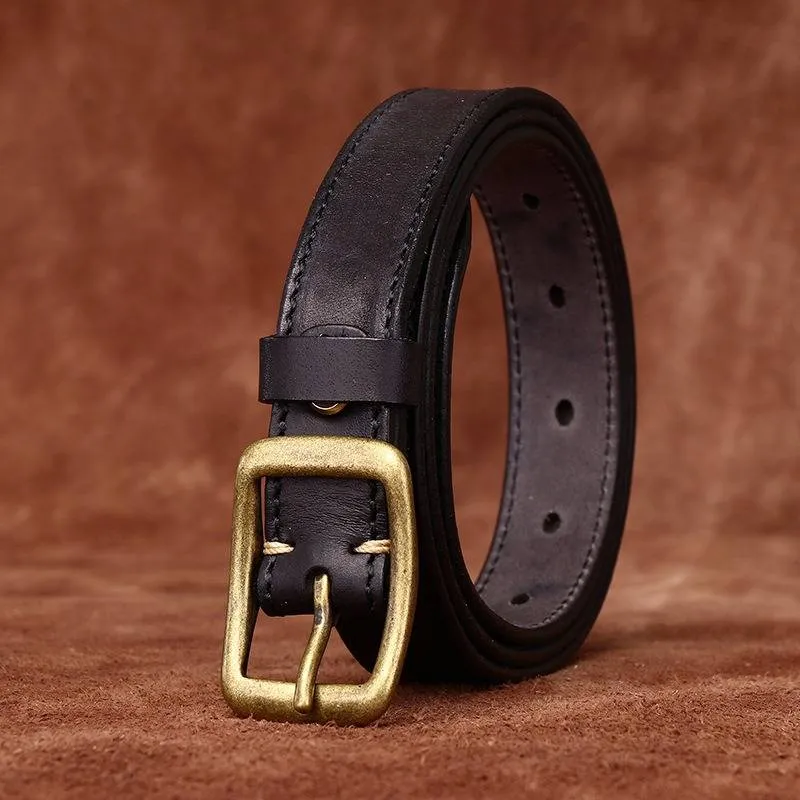 Double Stitches Vintage Woemn's Belt with Solid Brass Buckle-0.9"