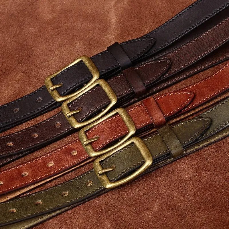 Double Stitches Vintage Woemn's Belt with Solid Brass Buckle-0.9"