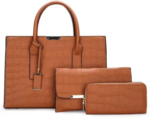 Downupdown Tote Solid Crocodile Print 3-Piece Tote Bag Long Wallet Clutch Top Handle Bag Tote Briefcase