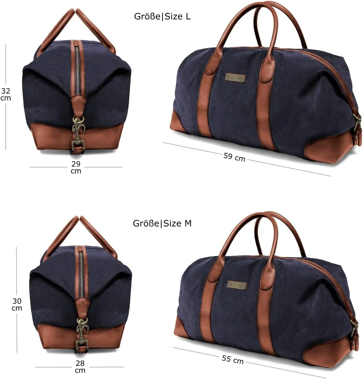 DRAKENSBERG Weekender 'David' (M) - travel duffle, carryall and gym bag in vintage retro design, large, ladies, men, sustainably handmade, canvas, leather, 45L, navy-blue, DR00156-M