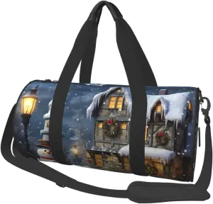 Duffel Bag for Men Women Small Gym Bag Christmas Snowmen and Houses Travel Duffel Bag Waterproof Overnight Bag for Sports Workout