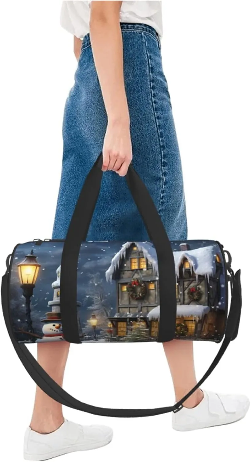 Duffel Bag for Men Women Small Gym Bag Christmas Snowmen and Houses Travel Duffel Bag Waterproof Overnight Bag for Sports Workout