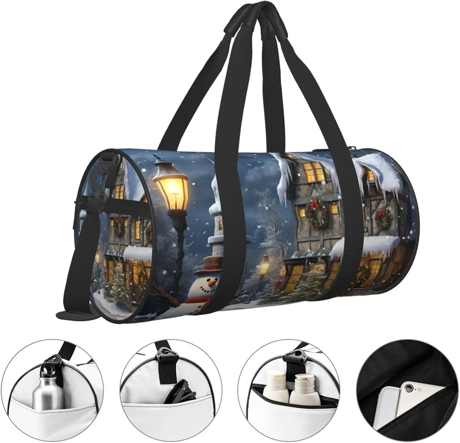 Duffel Bag for Men Women Small Gym Bag Christmas Snowmen and Houses Travel Duffel Bag Waterproof Overnight Bag for Sports Workout