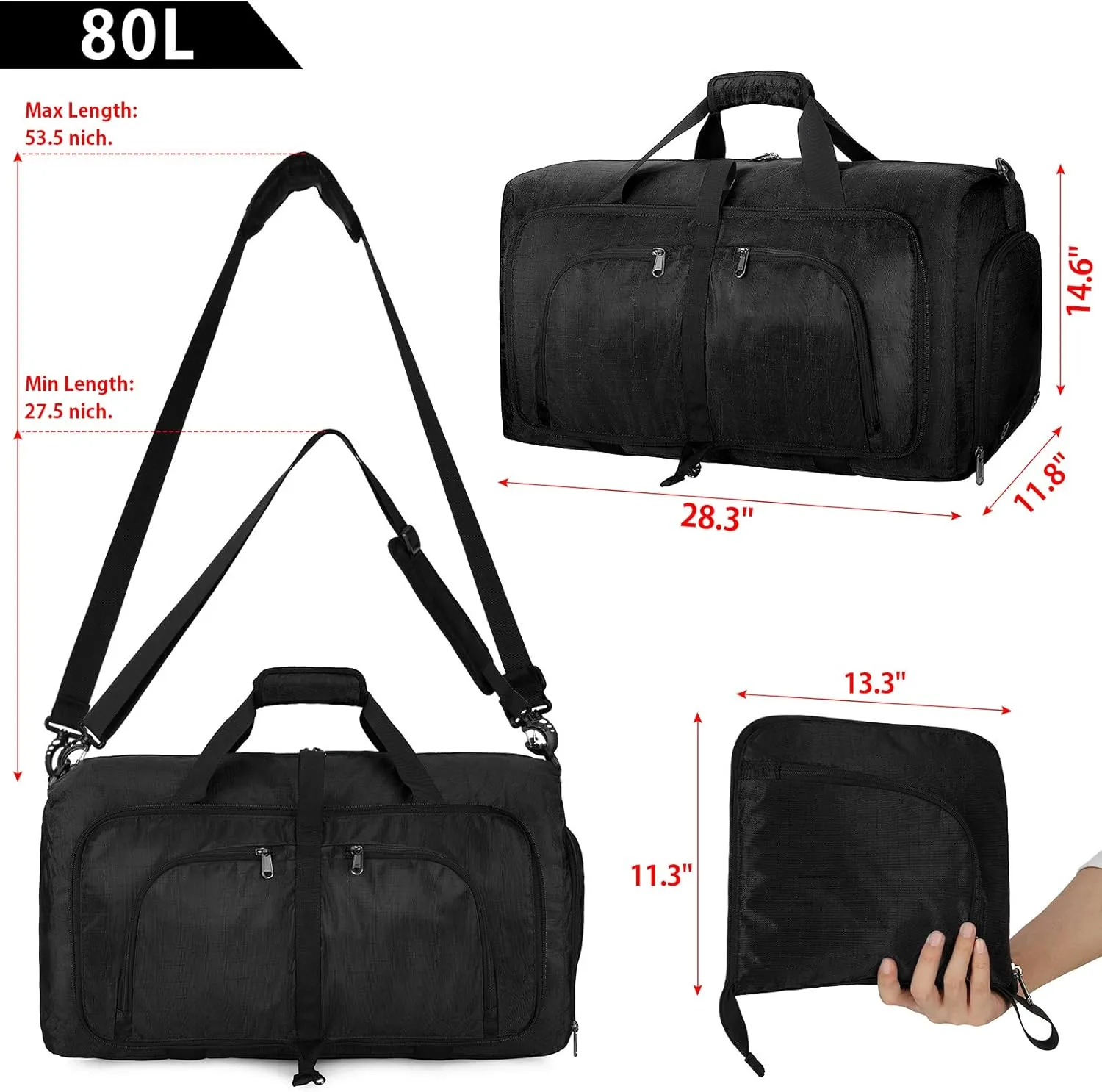Duffel Bags for Traveling 80L Carry on Foldable Weekender Overnight Bag for Men Women Waterproof Weekend Travel Duffle Bags with Shoe Compartment,Black