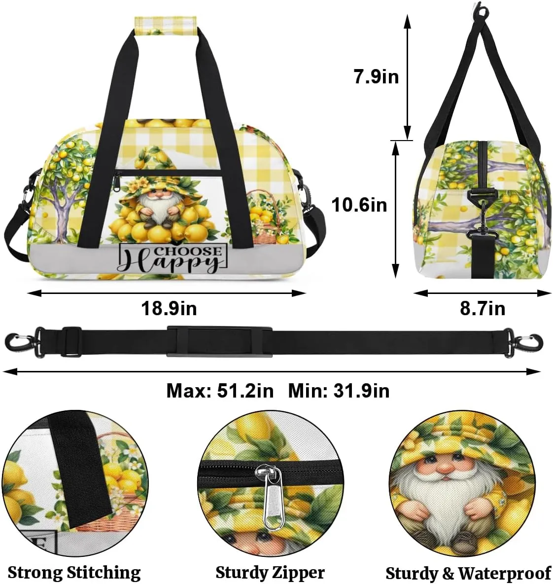 Duffle Bag Dwarf Lemon Tree Flower PersonalizedGym Bag Travel Bag Luggage Bag Waterproof Lightweight Sports for Dance Gymnastics Cheers Soccer Wrestling Hospital, for Weekender Overnight