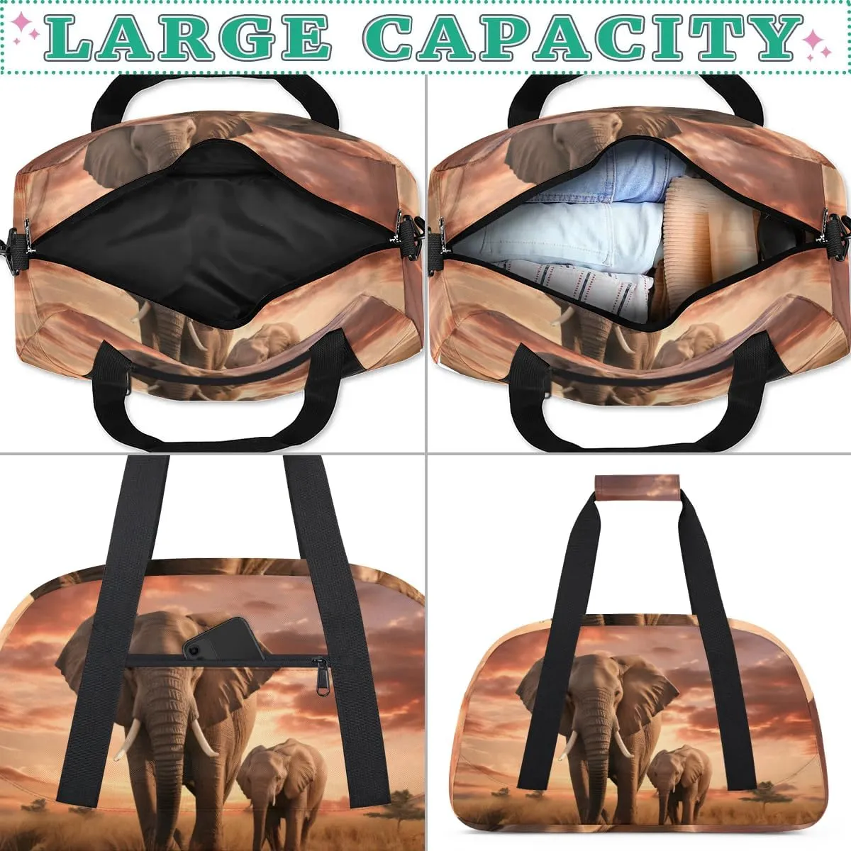 Duffle Bag Elephant Grassland Tree Animal Gym Bag Travel Bag Luggage Bag Waterproof Lightweight Sports for Dance Gymnastics Cheers Soccer Wrestling Hospital, for Weekender Overnight