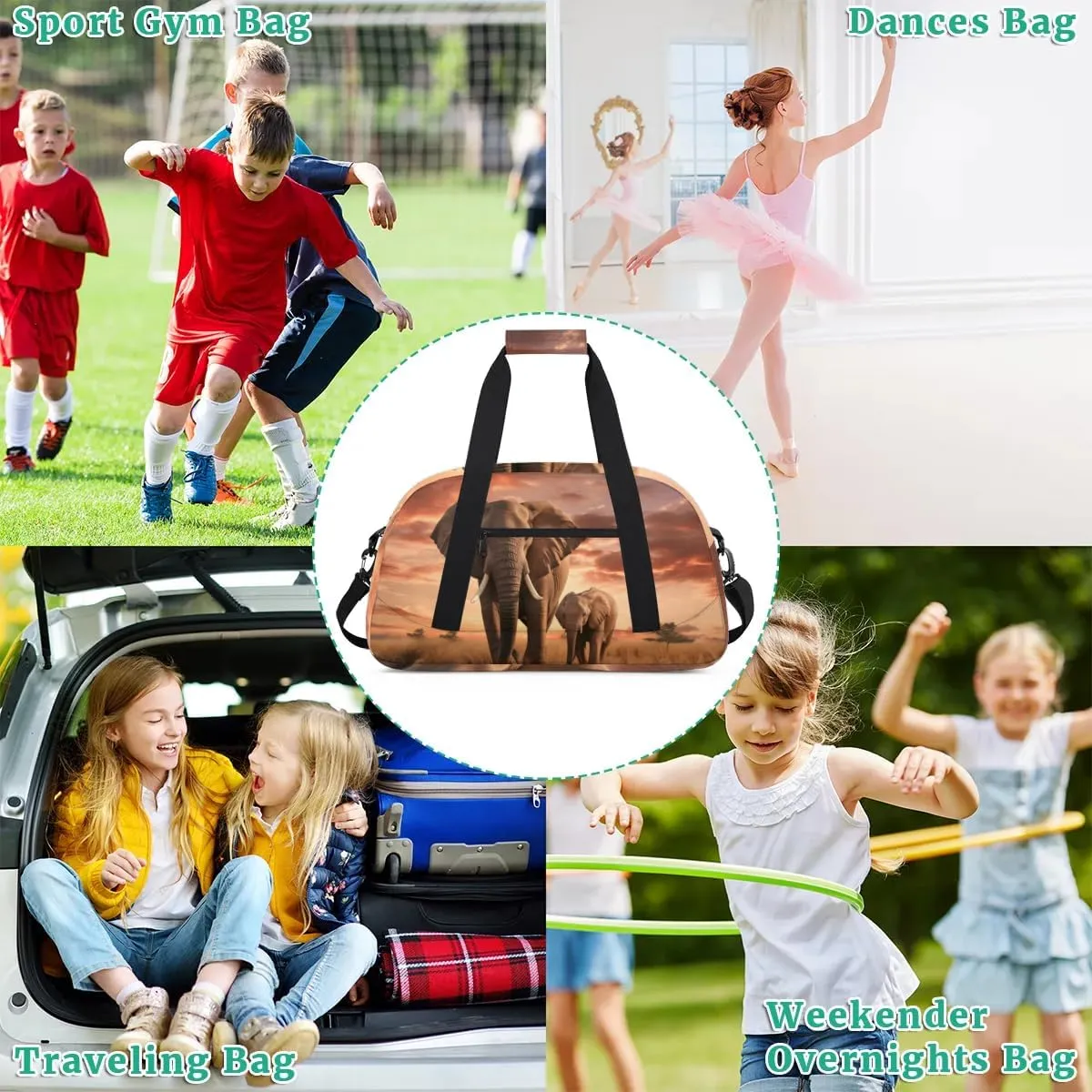 Duffle Bag Elephant Grassland Tree Animal Gym Bag Travel Bag Luggage Bag Waterproof Lightweight Sports for Dance Gymnastics Cheers Soccer Wrestling Hospital, for Weekender Overnight