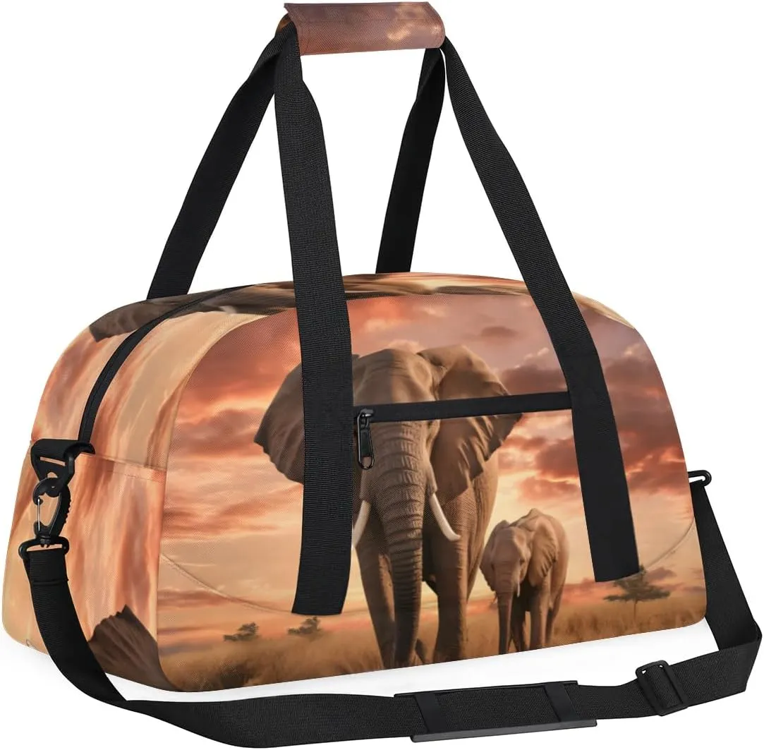 Duffle Bag Elephant Grassland Tree Animal Gym Bag Travel Bag Luggage Bag Waterproof Lightweight Sports for Dance Gymnastics Cheers Soccer Wrestling Hospital, for Weekender Overnight