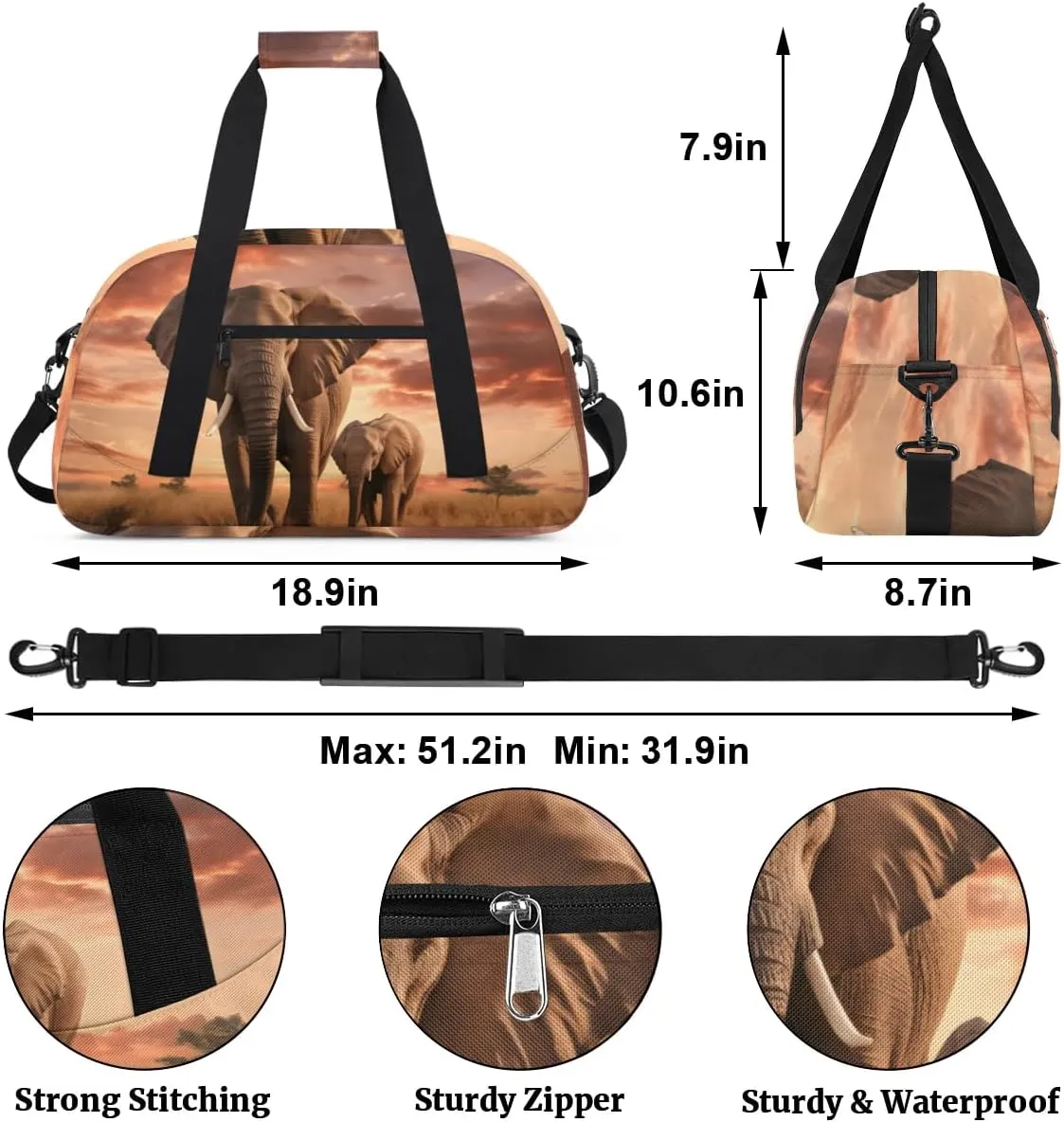 Duffle Bag Elephant Grassland Tree Animal Gym Bag Travel Bag Luggage Bag Waterproof Lightweight Sports for Dance Gymnastics Cheers Soccer Wrestling Hospital, for Weekender Overnight