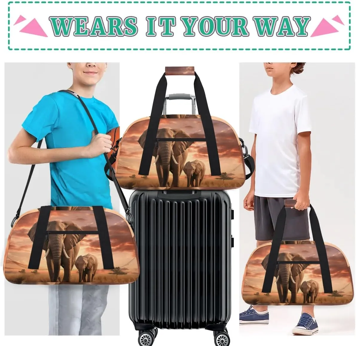 Duffle Bag Elephant Grassland Tree Animal Gym Bag Travel Bag Luggage Bag Waterproof Lightweight Sports for Dance Gymnastics Cheers Soccer Wrestling Hospital, for Weekender Overnight
